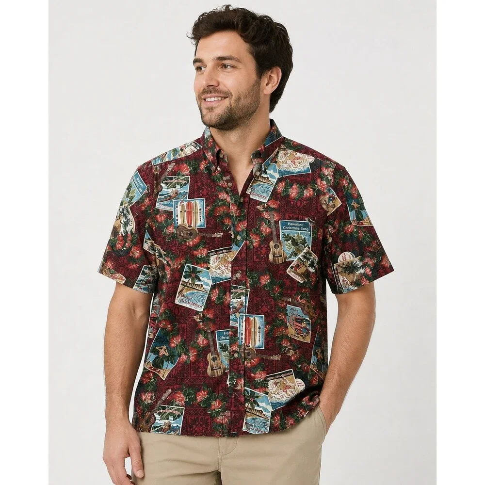 Reyn Spooner Mele Kalikimaka Vtg XMAS Santa Postcard Aloha Shirt Mens M Limited